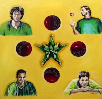 Shanzay Subzwari, 4 Bowling Legends IK, Shoaib Akhter, Wasim Akram and Waqar Younis, 36 x 36 Inch, Acrylics on Canvas, Figurative Painting, AC-SSB-011